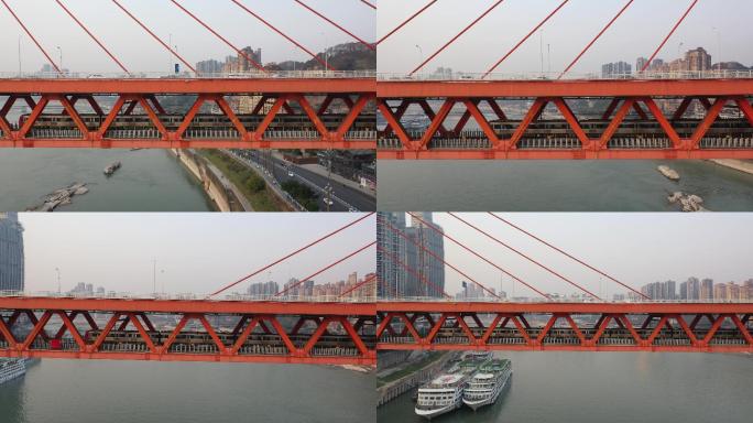 航拍重庆轻轨穿过东水门大桥长江