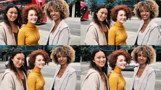 一群千禧一代女性聚集在城市里-慢镜头视频