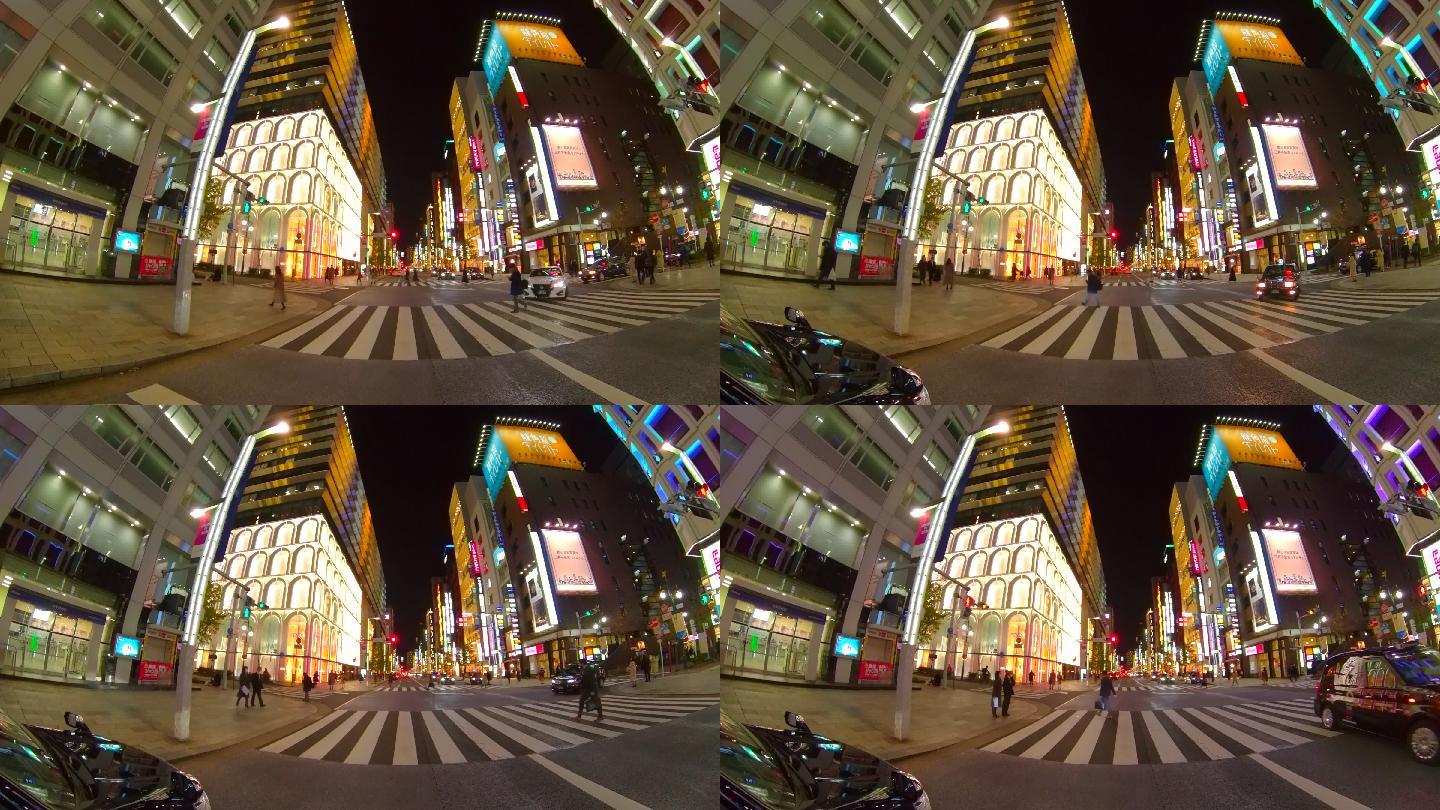 晚上开车去银座街，日本东京。