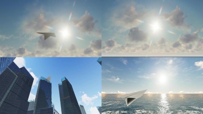 纸飞机迎着太阳飞行多镜头组合素材