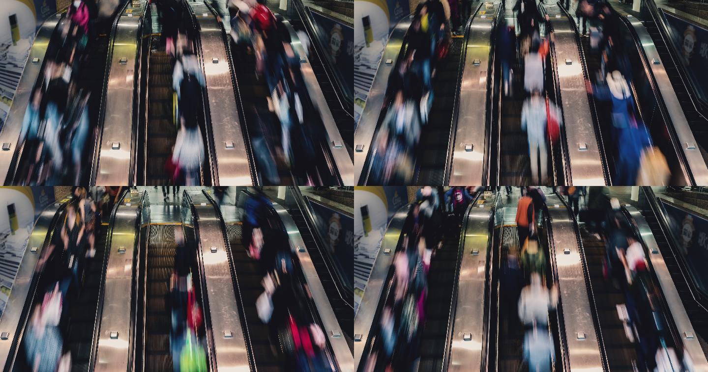 8k地铁乘客高峰时间在繁忙车站使用自动扶梯