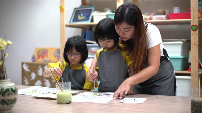艺术班老师在艺术工作室教授亚洲中国儿童绘画