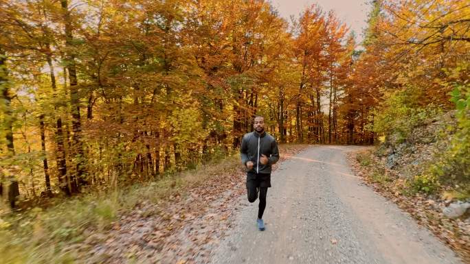 男子在穿过秋天森林的碎石路上疾跑