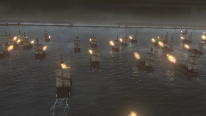 古代水战 古代火烧战船 三维画面