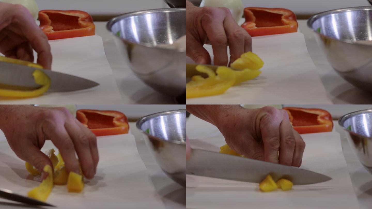 切丁切片白菜甜椒蘑菇洋葱在家里厨房准备食物炒切碎剥皮搅拌新鲜有机蔬菜和肉类视频系列