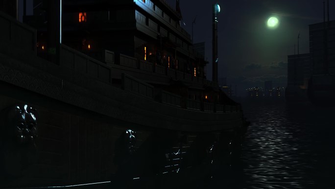 古代船队 夜晚航海 三维画面