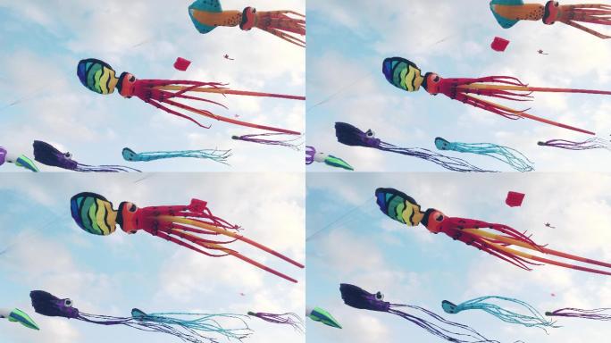 天空中的彩色风筝章鱼风筝风筝线放风筝