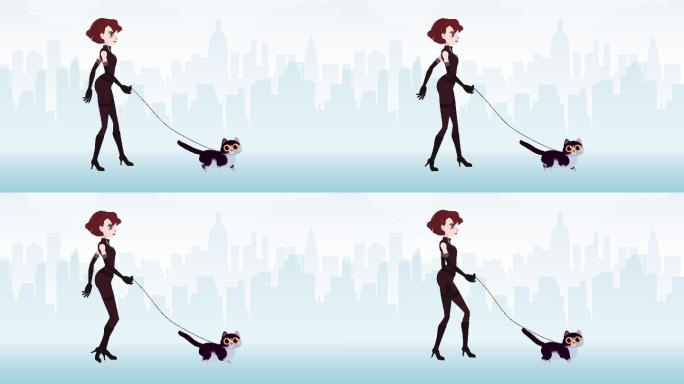 《快乐女人与猫同行》卡通动画，城市背景