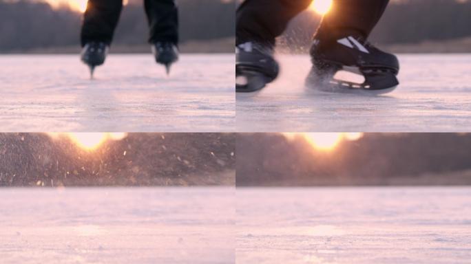 4K少年滑冰，在结冰的湖面上滑行，慢动作