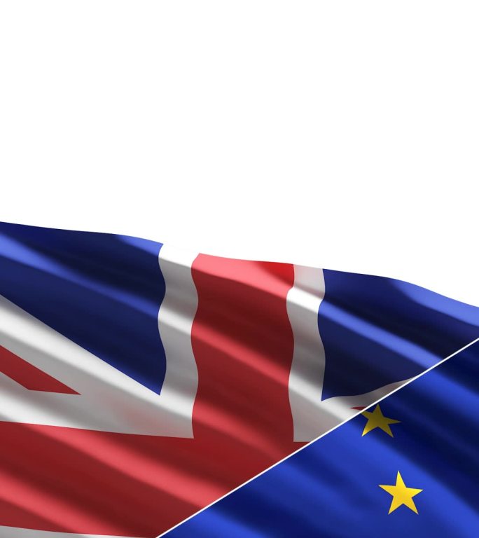 风中的英国和欧盟国旗在白色背景上隔离，带有复制空间