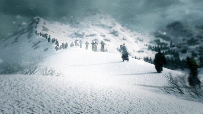 古代军队 雪中行军 雪景航拍 三维画面
