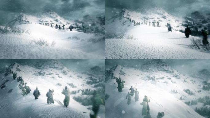 古代军队 雪中行军 雪景航拍 三维画面