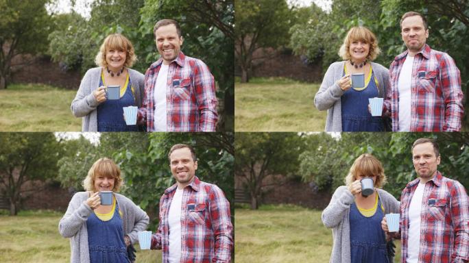 一对幸福的夫妇在后院花园喝茶大笑