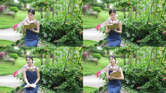女孩在花园看书