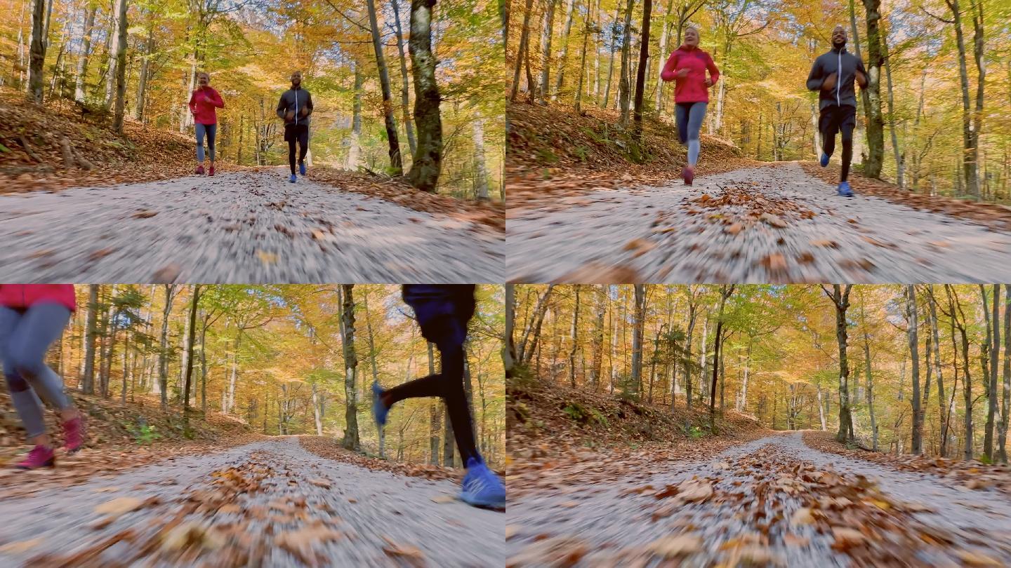 秋天，一对男女沿着森林小道奔跑