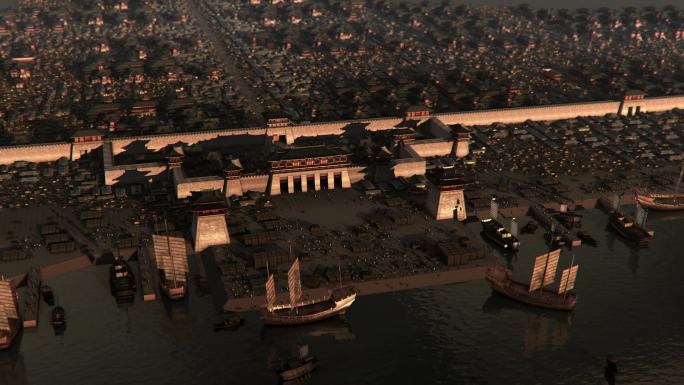 古代港口 船队 航海 古代建筑 三维画面