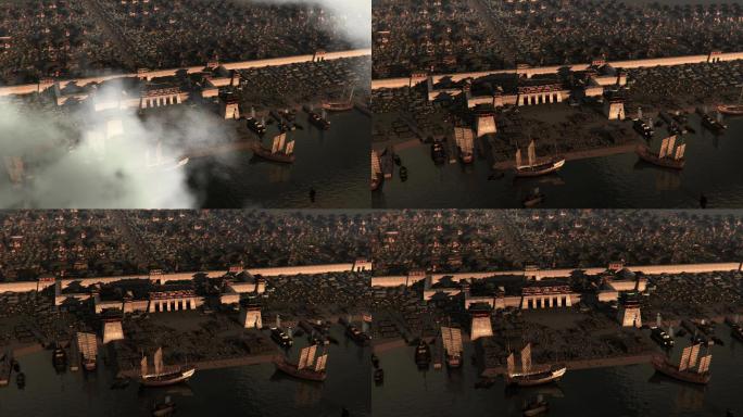 古代港口 船队 航海 古代建筑 三维画面