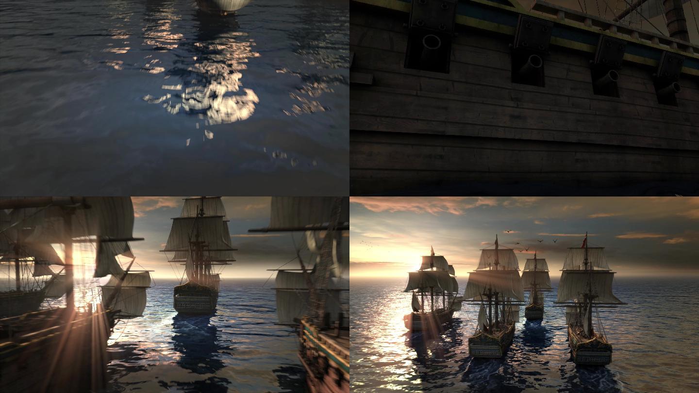 海上的古代商船 木船帆船 日出航海 三维