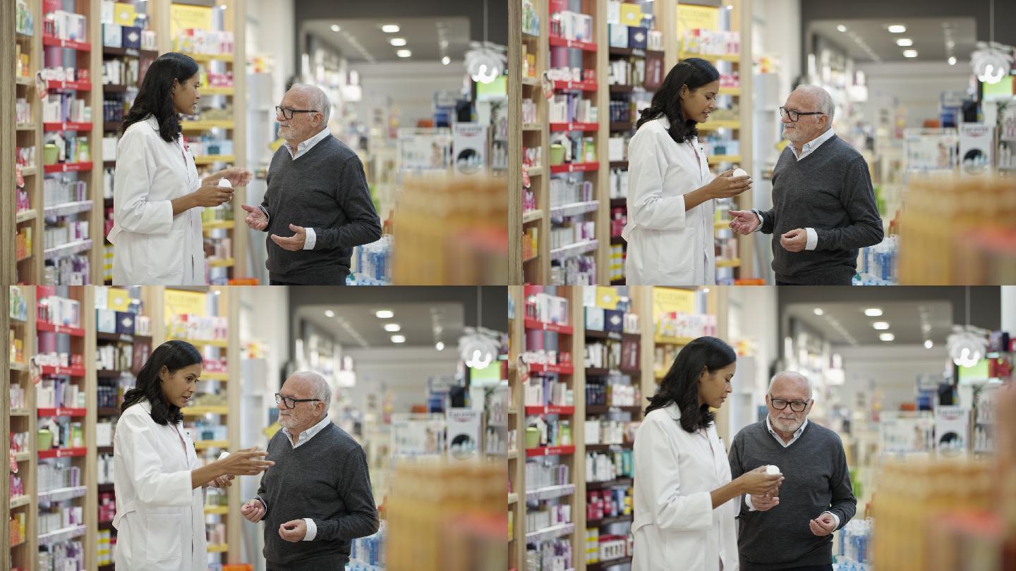 女化学家向老人解释药物