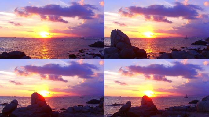 海平面夕阳礁石镜头 4K
