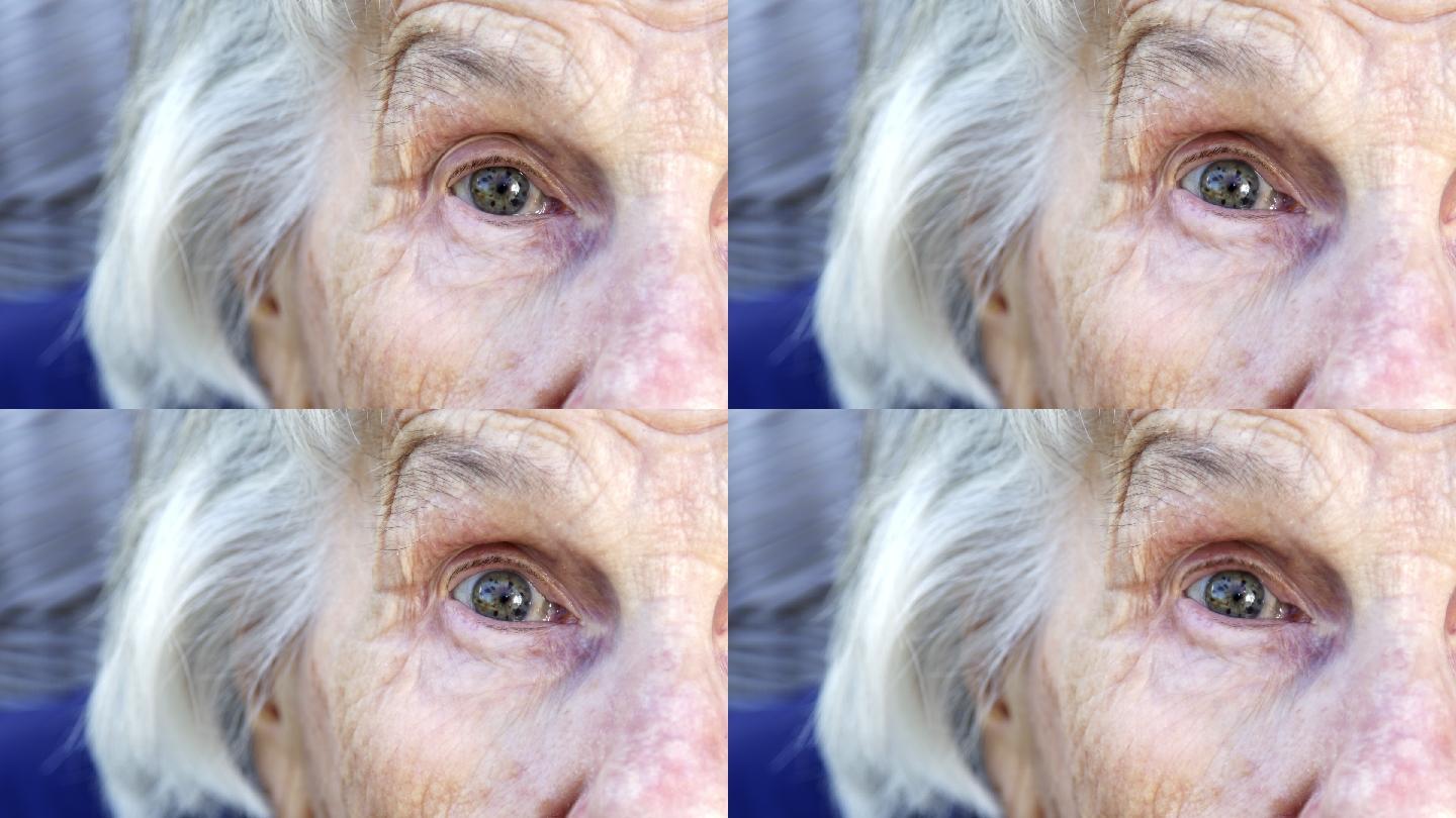 大眼睛美丽、敏锐、聪明的老年高加索女性在夏季户外的独特斑点美丽眼睛和面部