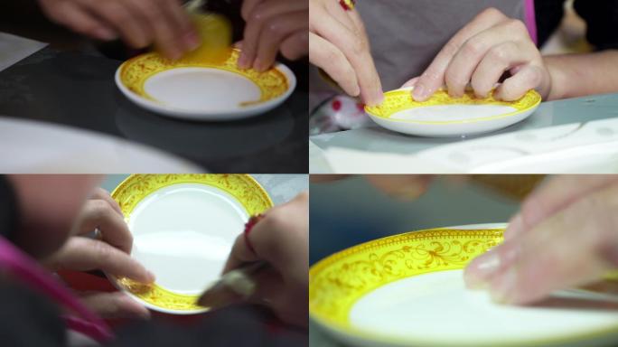 瓷器陶瓷碗碟盘子贴画烧制过程手工A008