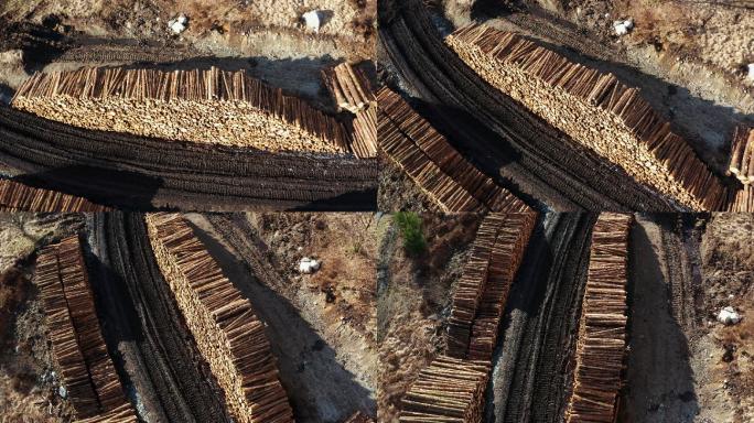 堆叠木材切割长度的高角度视图