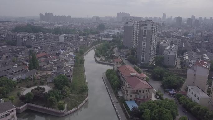 高邮老街居民楼街道建筑河道航拍C016