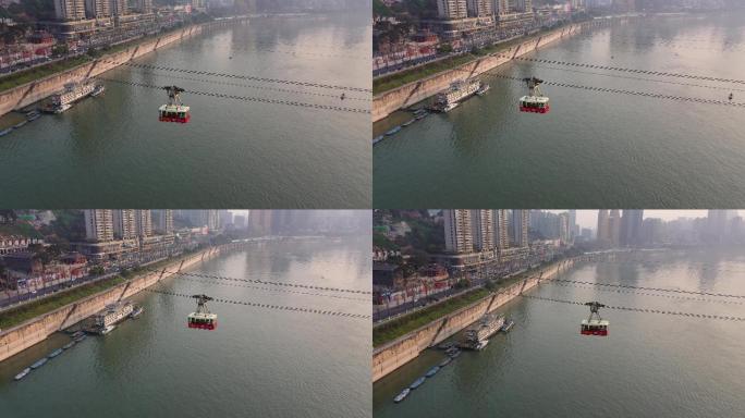 航拍黄昏下的重庆长江索道