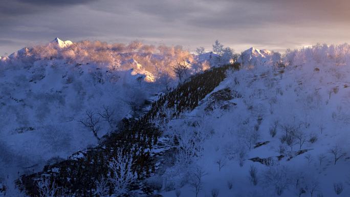 古代战争 军队行军 雪山黎明 三维