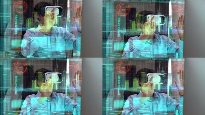 一名年轻人在智能城市物联网数字技术未来办公室使用虚拟现实耳机的4k视频片段
