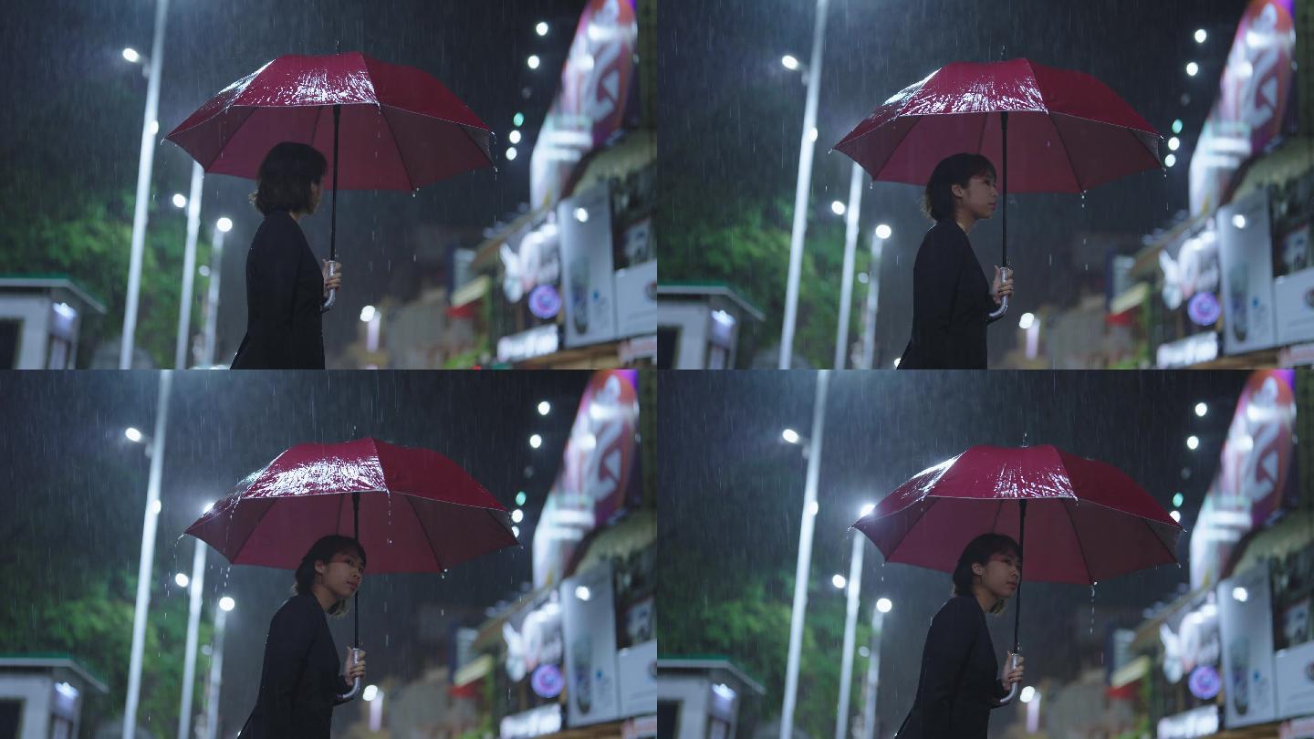 在雨中，一位亚洲妇女撑着雨伞。