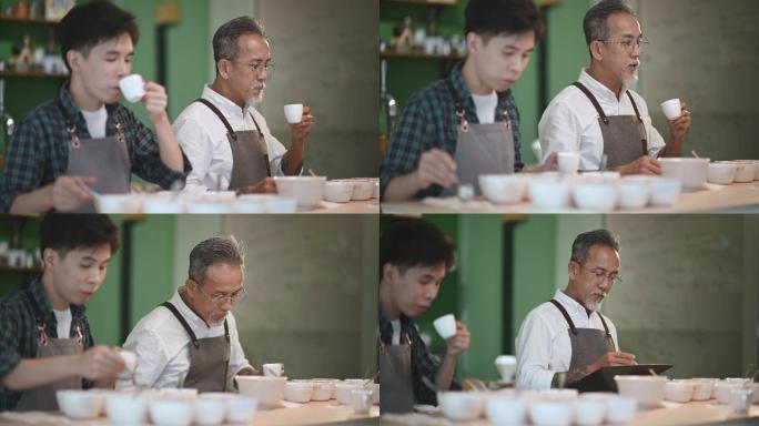 亚洲华人咖啡师咖啡鉴赏家杯品咖啡品质在车间品尝咖啡样品分级