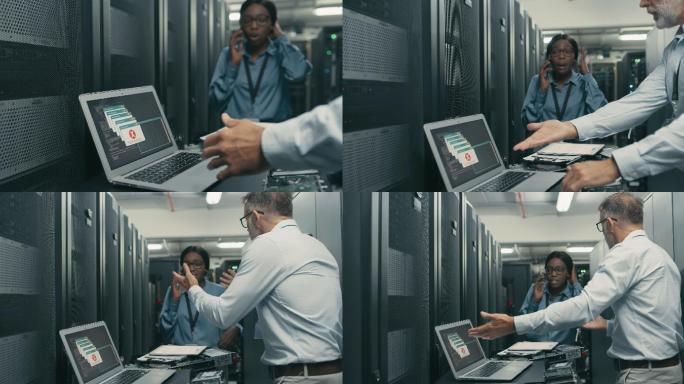 两名计算机技术人员在服务器机房工作时与他人在电话中发生争执的4k视频片段