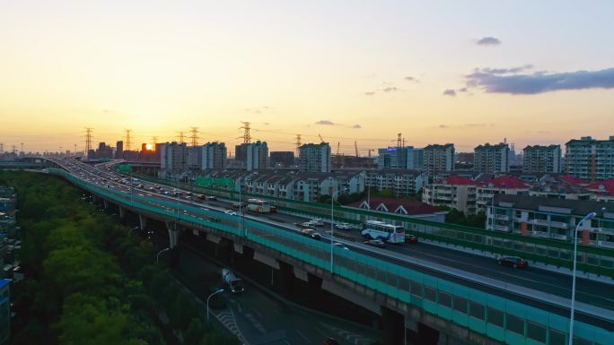 4K 上海浦东新区高架桥上车流俯拍航拍