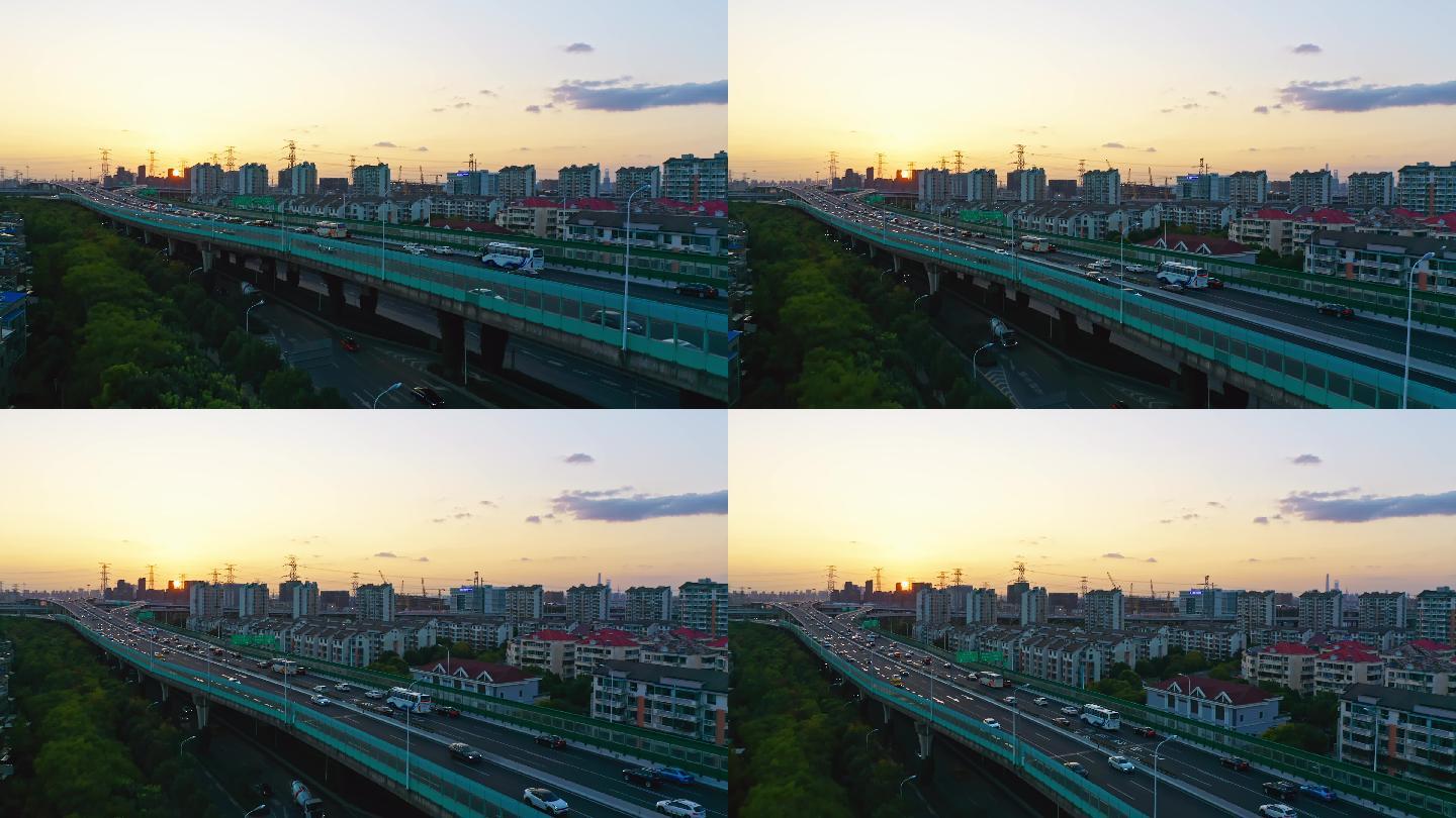 4K 上海浦东新区高架桥上车流俯拍航拍