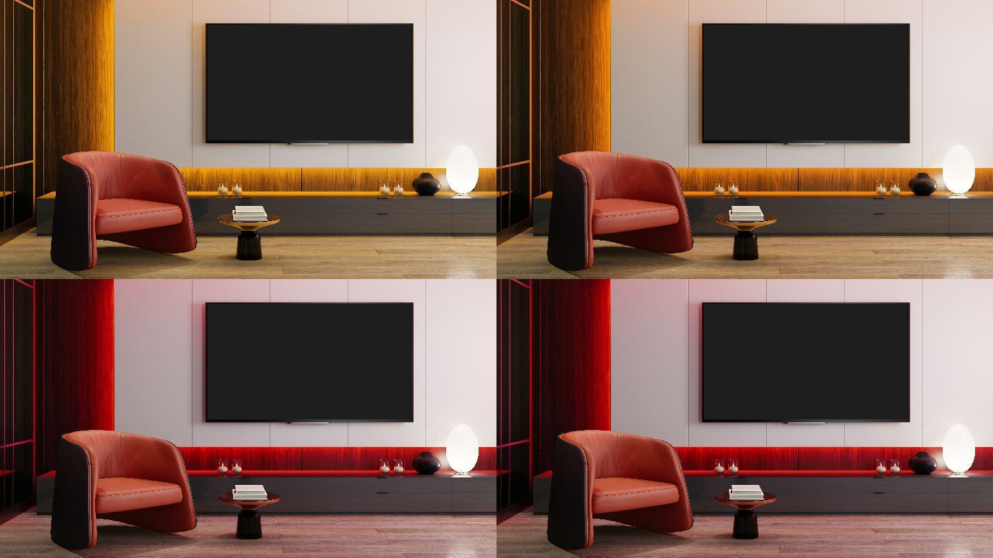 RGB灯黄红色环路-电视室现代极简室内，配备8K电视