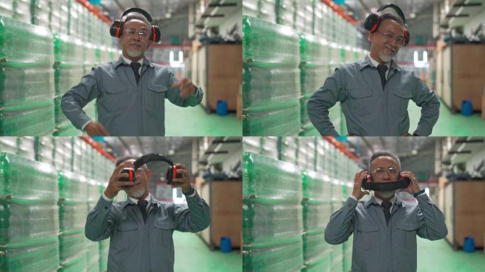 有趣的高级男性肖像亚裔中国仓库工厂经理看着相机做鬼脸