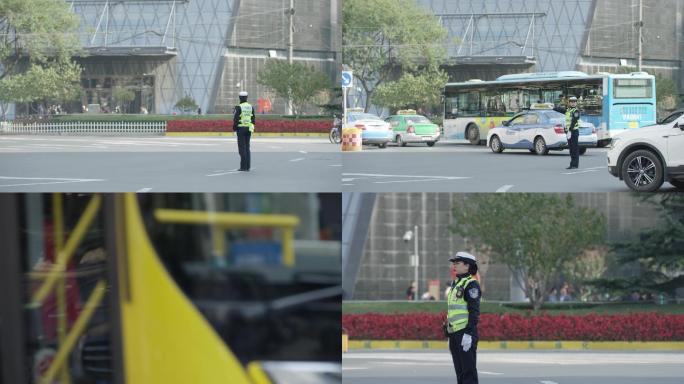 十字路口女交警指挥交通