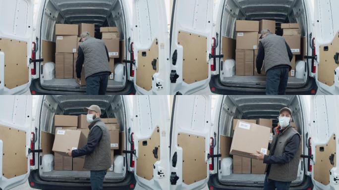一名送货员拿着包裹在货车上卸货的慢镜头视频
