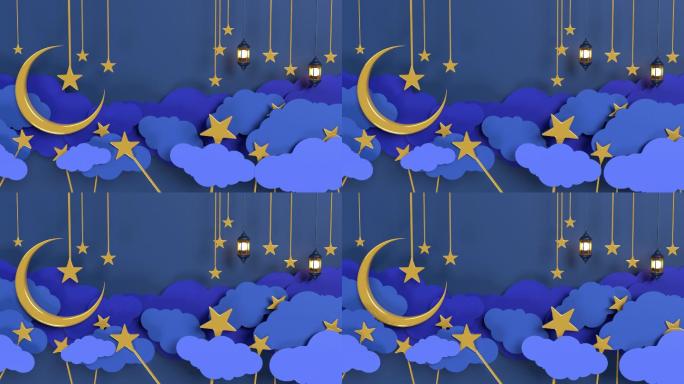 Ramadan Kareem旗帜，以4K分辨率的新月和星星为背景