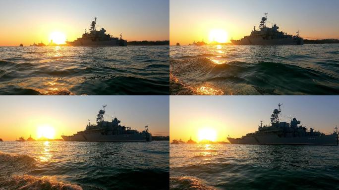 日落时的战舰海上日出早晨美景风景浪花海浪