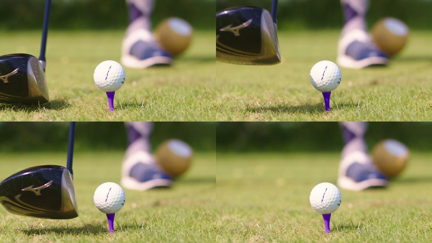 高尔夫球手发球后草叶四处掉落的特写镜头