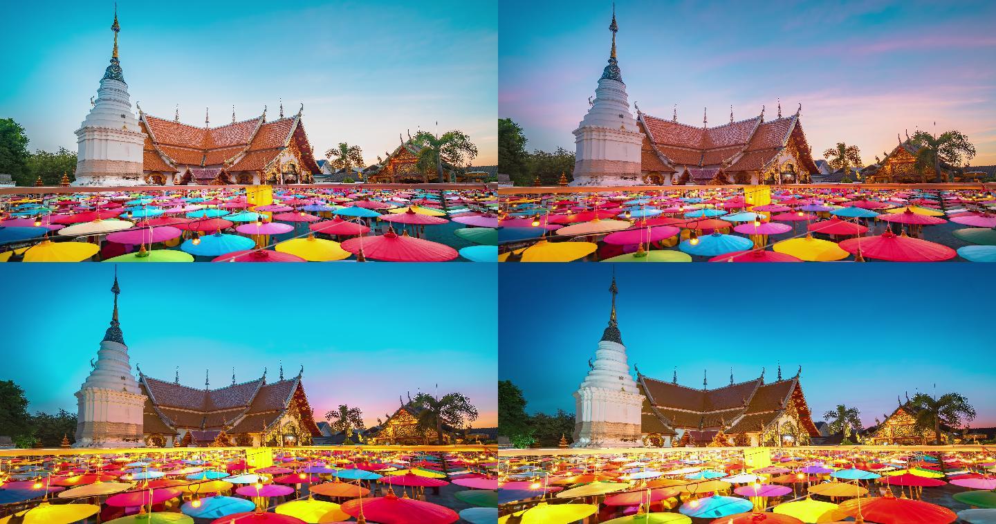 泰国清迈寺庙里的河涌节上的雨伞装饰