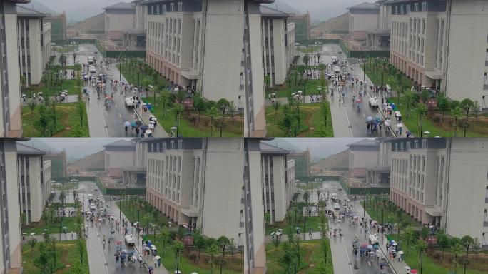 校园 雨天 成群  学生 打雨伞 教室