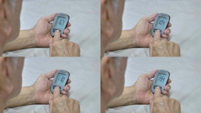 亚洲老年男性糖尿病患者在家使用血糖仪查看血糖结果的场景