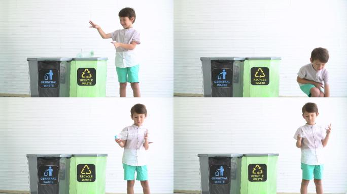 英国男孩将塑料瓶放入可回收垃圾箱