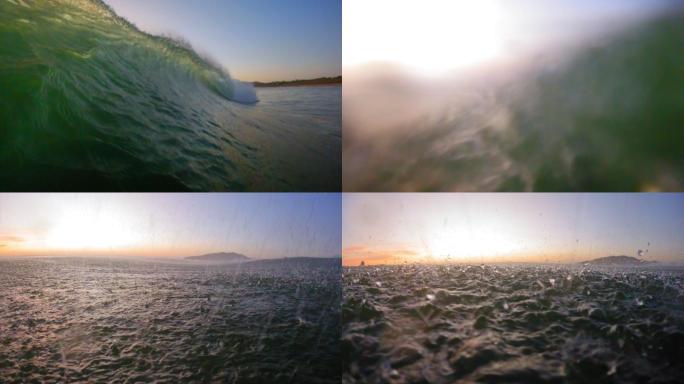 日落时波浪破碎大海海浪GoPro视角