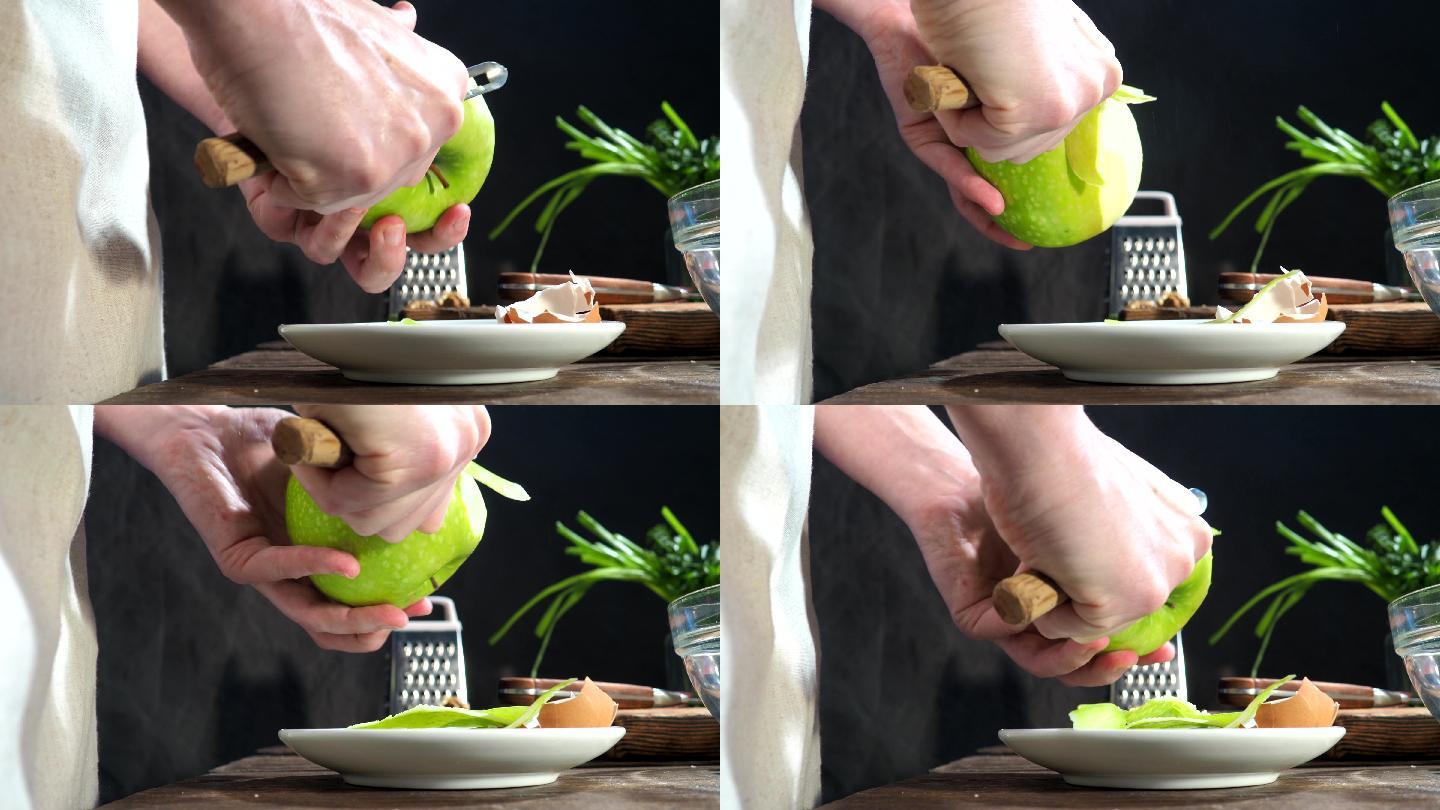 鸡肉沙拉烹饪绿苹果削皮切开