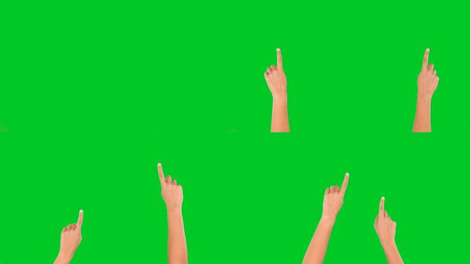 4K女性手触摸屏在绿色屏幕上放大和缩小